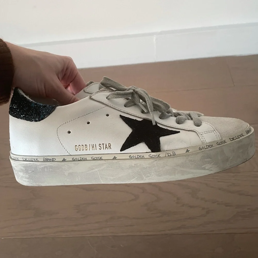 Golden Goose Hi Star Leather Sneakers White Black Star Blue Glitter